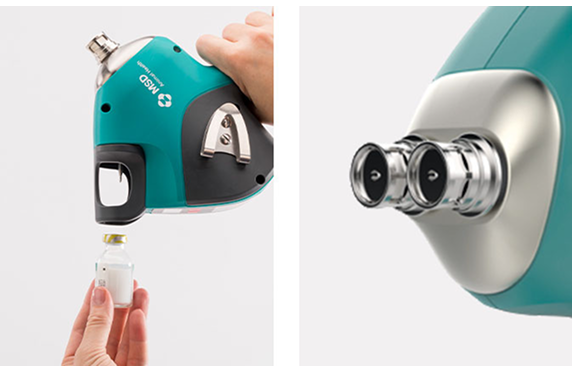 Dos imágenes, manos colocando una vacuna en un dispositivo IDAL y la parte frontal de un dispositivo IDAL Twin