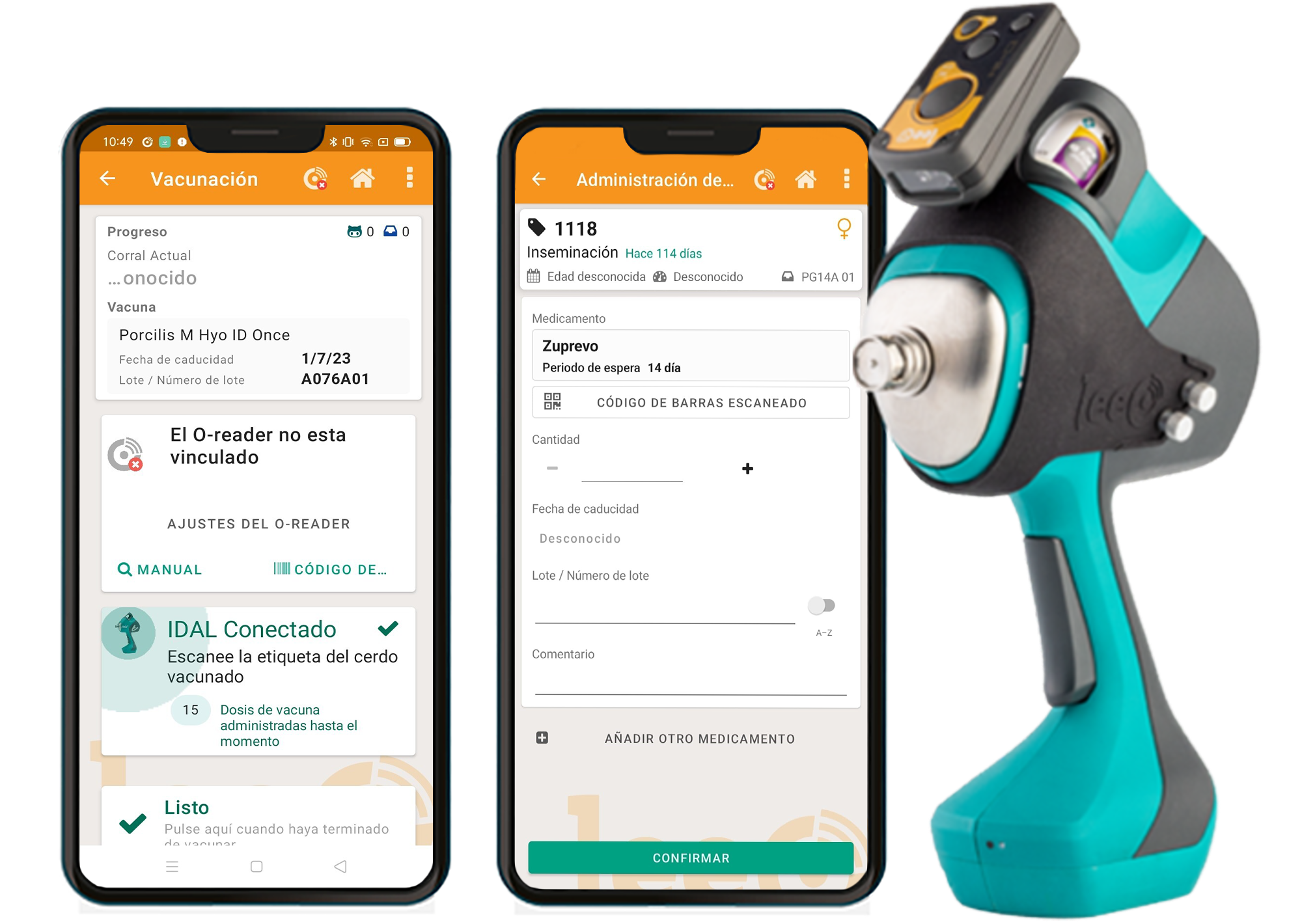 Dos smartphones que muestran la App de LeeO al lado de un dispositivo IDAL conectado a LeeO