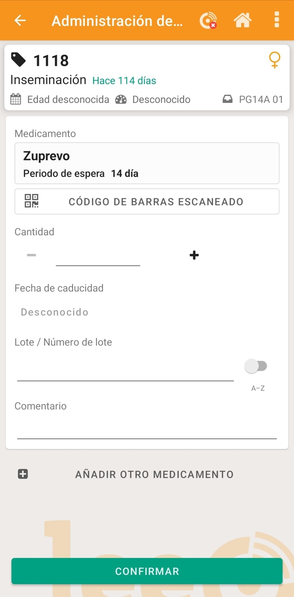 Smartphone mostrando la visualizacicón de la administración de medicamentos de la aplicación