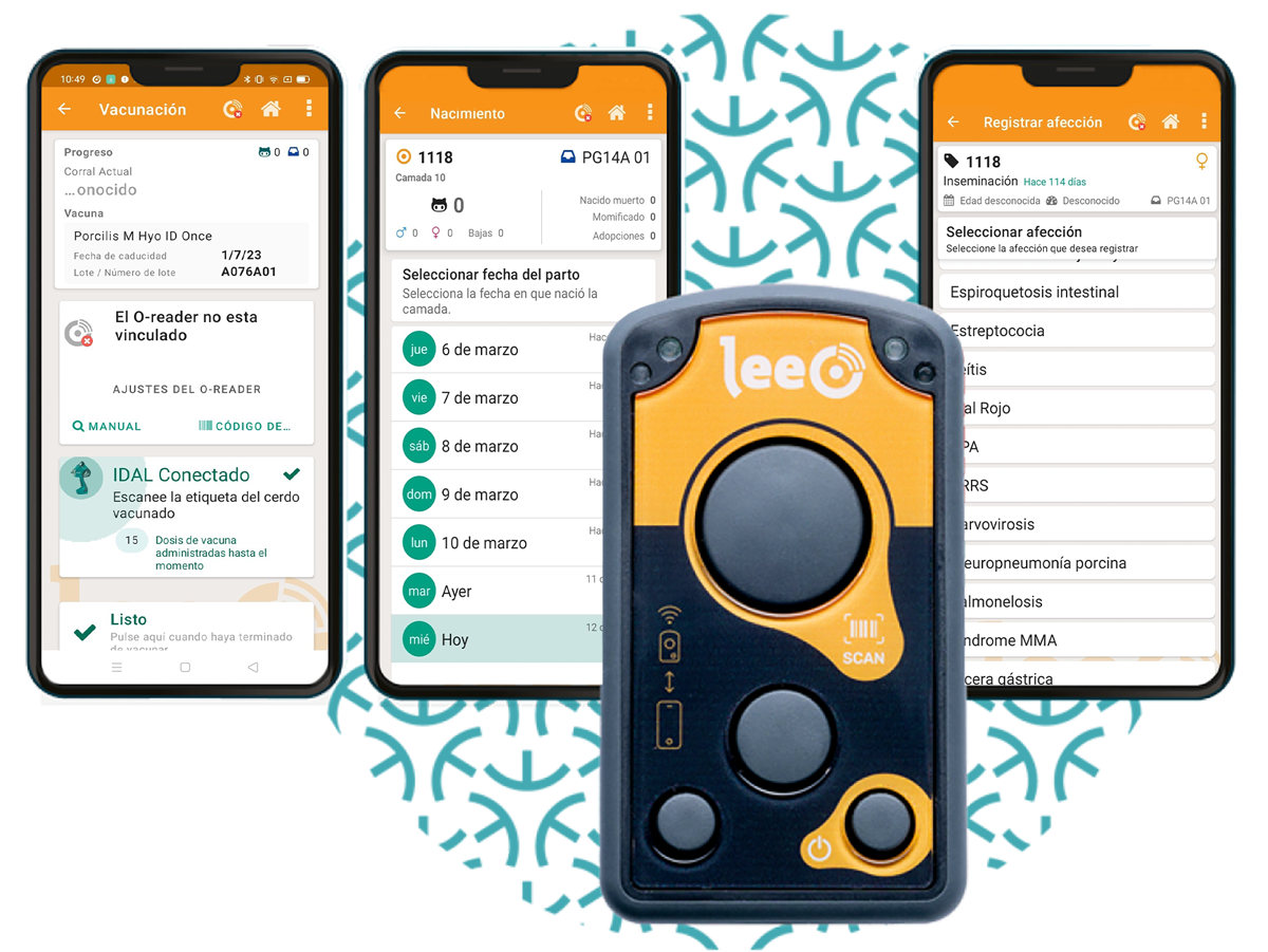 Dispositivo LeeO y tres smartphones mostrando las diferentes visualizaciones de la aplicación